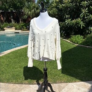 Madewell Cream V-Neck Sweater with Pom Detailing